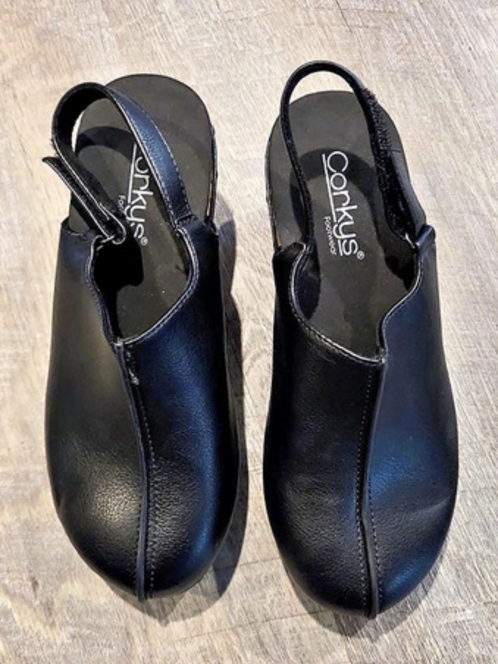 Corkys Black Leather Wedge Clogs